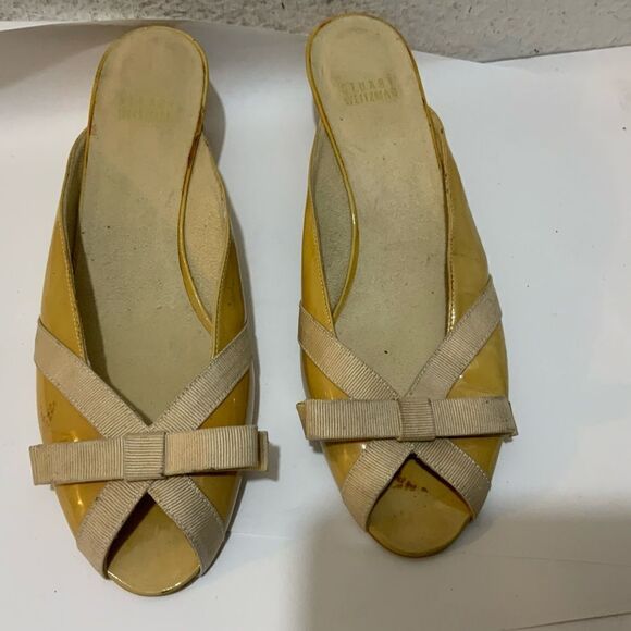 Stuart weitzman Vintage 80s Yellow  Short Pumps Fabric Bow Detail Peep Toe - Picture 2 of 10